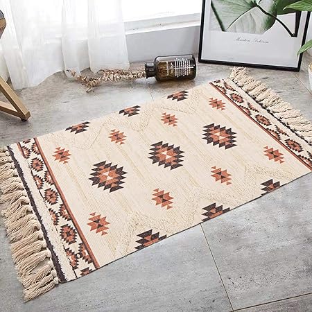 N N Moroccan Area Rugs Cotton Natural Rug Tufted Tapestry Woven Carpet With Tassel Small Rugs Living Room Rugs Bedroom Floor Mats For Kitchen Bathroom Door Mat 60 X 90cm Amazon Co Uk Kitchen Home
