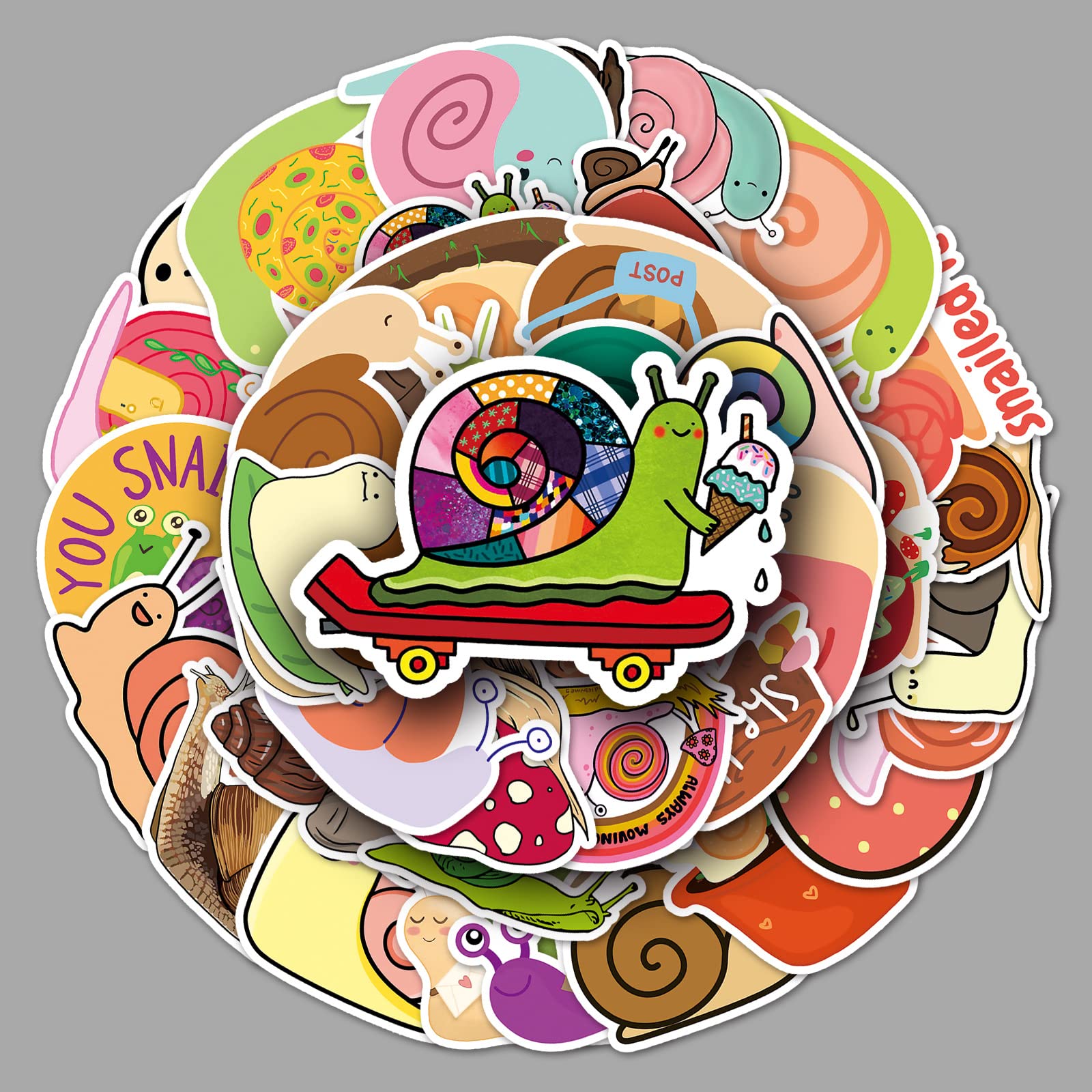 50PCS Cute Snail Stickers - Teens Boys & Girls Sticker Pack for Vinyl Skateboard, Guitar, Door, Laptop, Luggage, Car, Bike, Water Bottle & Birthday Party Supplies