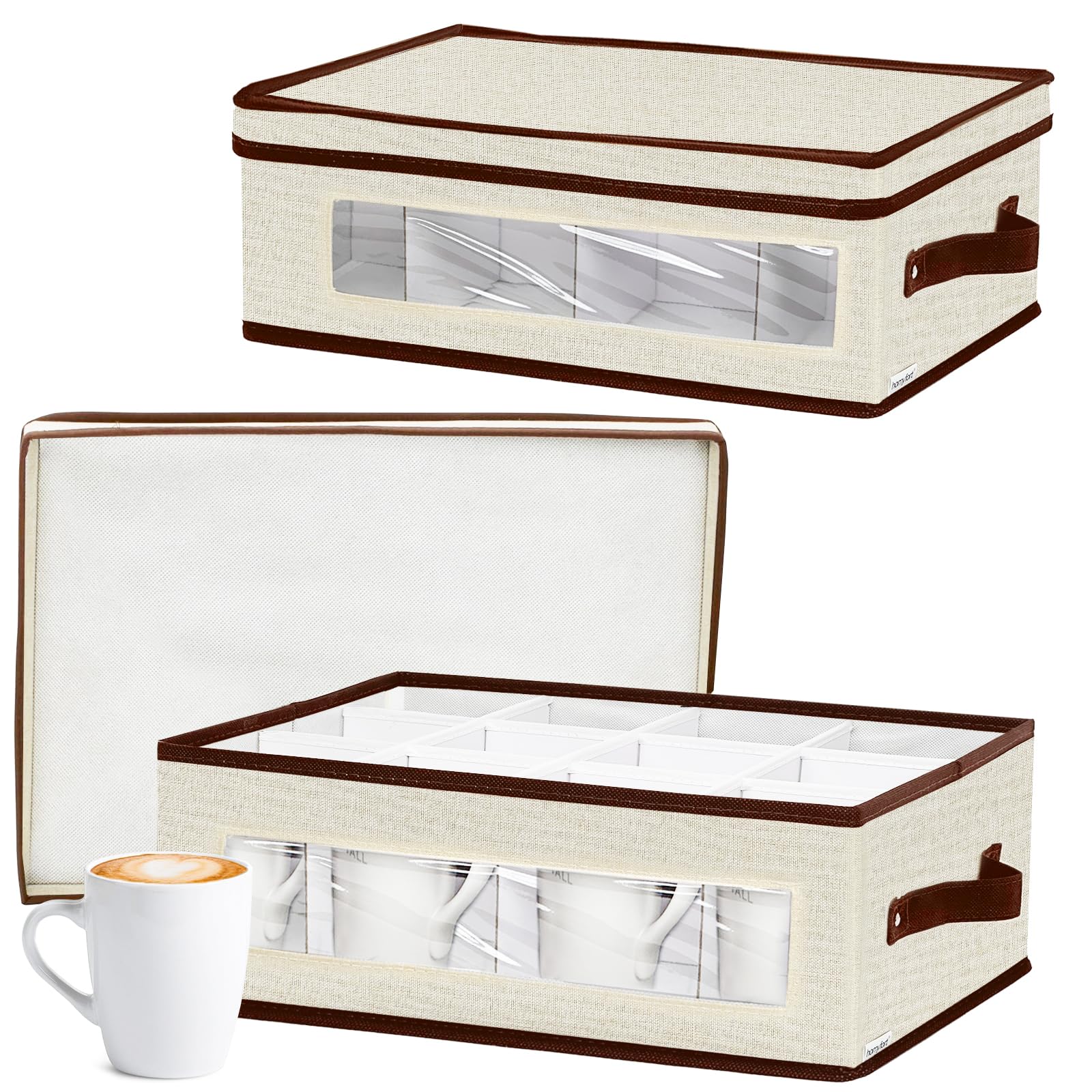 Photo 1 of homyfort 2 Pack Mug Storage Box with Dividers, China Cup Storage Containers Organizer Hard Shell with Compartments for 24 Tea Cups and Coffee Mugs (Beige)