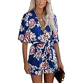 AIMCOO Women's Summer Deep V-Neck Floral Print Romper Ruffle Hem Half Flared Sleeve Jumpsuits Waist Tie Casual Short Rompers