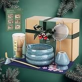 Matcha Whisk Set, Ceramic Kit Set Valentine Gift Present Includes Matcha Bowl, Matcha Whisk and Holder, Bamboo Scoop, Scoop Rest, Sifter and Tea Towel - 7 Pcs Matcha Kit for Matcha Lovers (Blue)