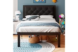 iPormis Twin Size Metal Bed Frame, Faux Leather Platform Bed Frame with Button Tufted Headboard, 12" Underbed Space, Steel Slats Support, Easy Assembly, No Box Spring Needed, Black