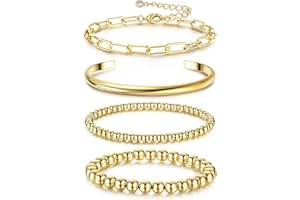Fansilver 14K Gold Bracelets for Women Trendy Bangle Cuff Chain Bracelets Set Gold Plated Paperclip Bead Tennis Bracelet Chunky Gold Filled Bracelet Stack 3/4PCS