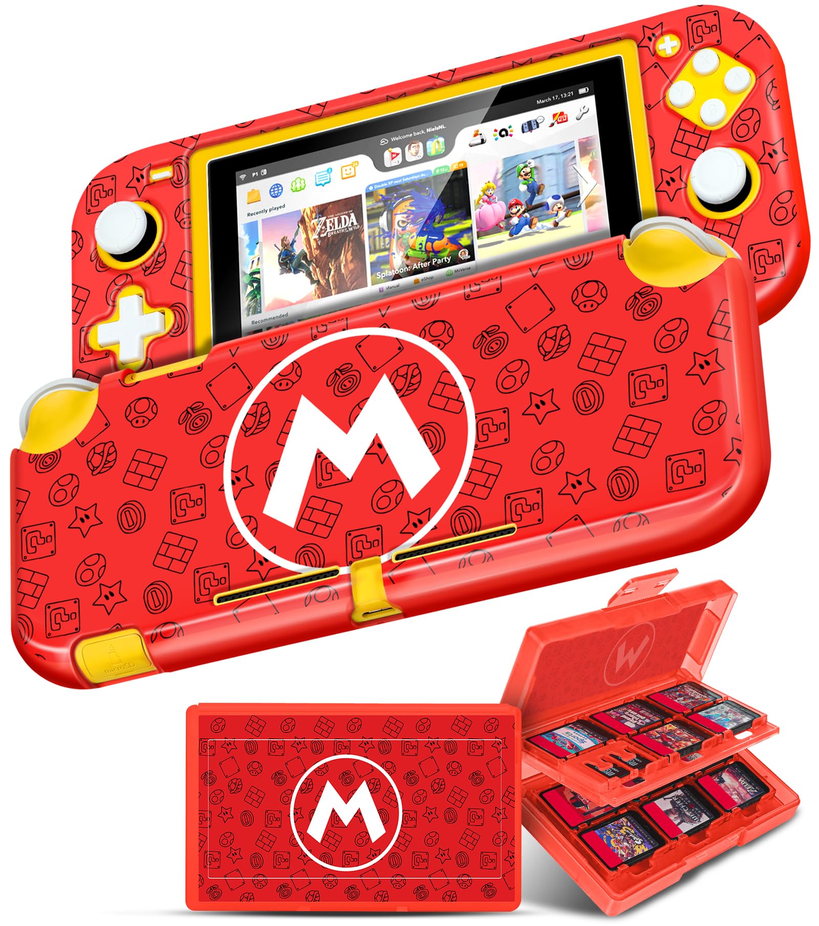 Gurgitat 2 in 1 for Nintendo Switch Lite Case Protector - 24 Game Card Holder Case & Switch Lite Protective Cover Cute Funny Cartoon Hard Shell for Girls Boys Women Men, Red M