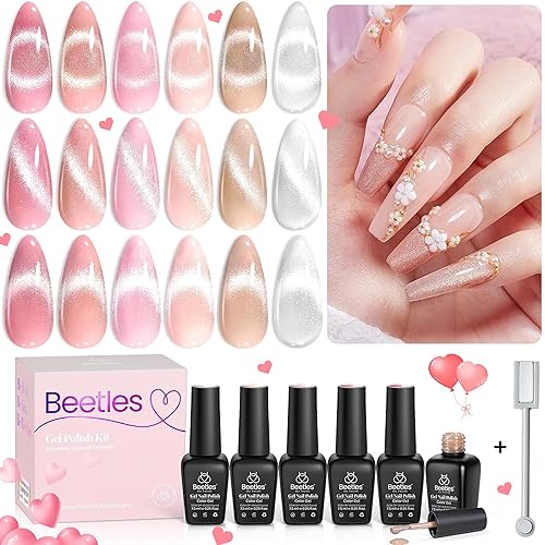 Beetles Cat Eye Gel Nail Polish, 6 Colors Nude Pink Silver Cat Eye Holographic Glitter Gel Polish Set with Magnet Soak Off UV Shimmer Summer Velvet Gel French Nail Art Design Manicure Gifts for Women