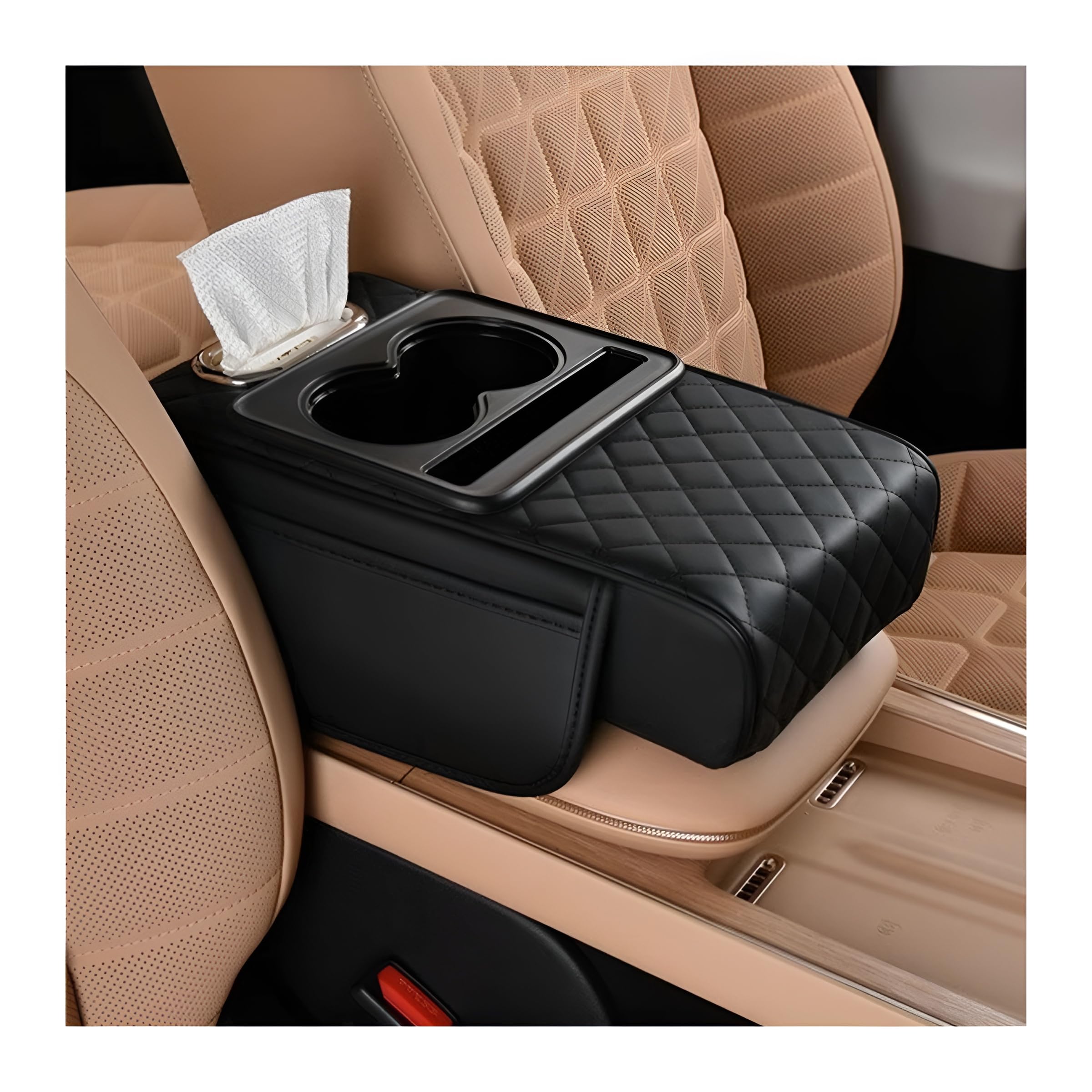 Photo 1 of Zpana Car Center Console Armrest Pillow, Memory Foam Leather 4 in 1 Vehicle Arm Rest Cover with Tissue Box 2 Side Storage Bag Cup & Phone Holder, Auto Armrest Cushion, Universal Fit (Black)