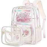 Clear Backpack for Girls,Transparent Backpacks Crossbody Bag for Kids Elementary School Student,Heavy Duty See Through Daypack 2PCS Bookbag Stadium Approved for Teen,College,Work,Travel,Concert White