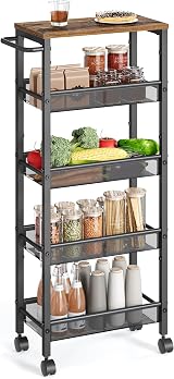 VASAGLE 5-Tier Kitchen Trolley 22 cm Deep Steel Frame Castors Rustic Brown