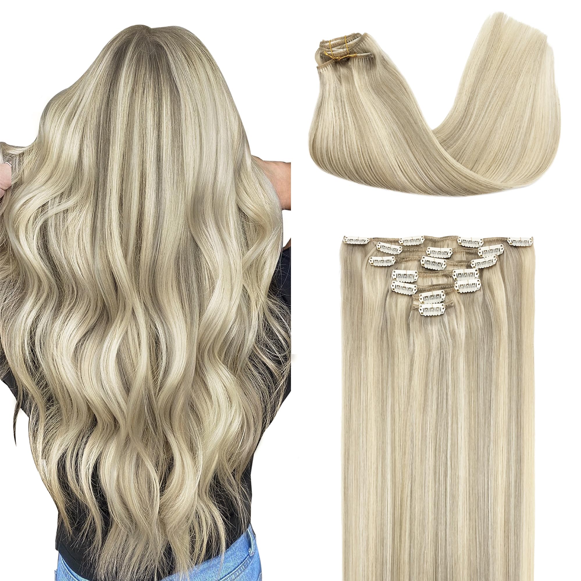 GOO GOO Clip in Human Hair Extensions, 18inch 120g 7pcs, Hair Extensions Clip in, 17A/60A Ash Blonde