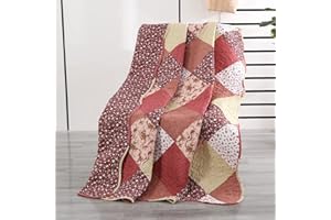 Qucover Quilted Throw Blanket, 59x79 Inch Patterened Patchwork Quilt, Soft Microfiber Reversible Multicolor Shabby Chic Floral Coverlet, Lightweight Bed Quilt Cover for for Couch Sofa