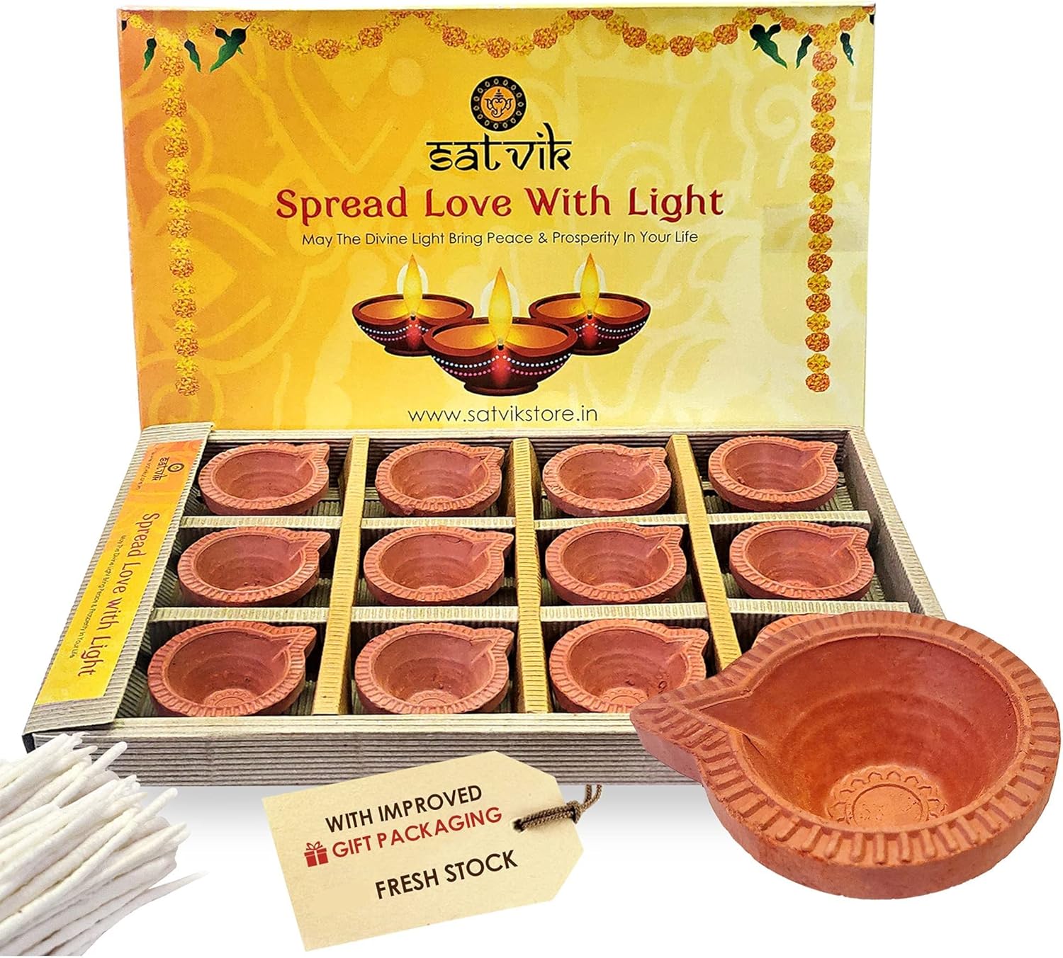 Oil Lamps & Accessories - SATVIK 12 Pc Set Clay Diya Diwali Dia with Cotton Wicks for Puja Pooja Traditional Handmade Terracotta Earthen Oil Lamp Diyas Natural Mitti Welcome Deepawali Decoration Indian Gift Item