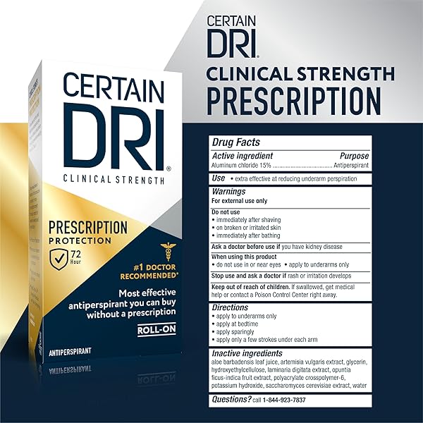 CERTAIN DRI PRESCRIPTION STRENGTH CLINICAL ANTIPERSPIRANT ROLL-ON FOR HYPERHIDROSIS – 72-HOUR SWEAT PROTECTION – FRAGRANCE-FREE – DOCTOR-RECOMMENDED FOR MEN & WOMEN – 1.2 FL OZ (PACK OF 1)