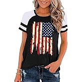 American Flag Shirt Women 4th of July Shirts USA Flag Graphic Patriotic Tshirt Raglan Color Block Tops
