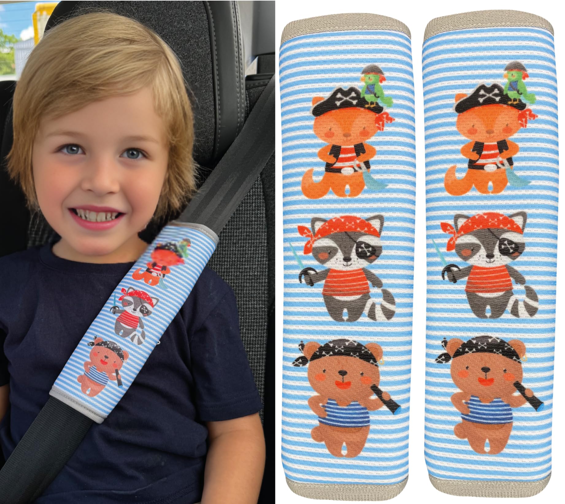 HECKBO 2X Kids Car Seat Belt Pads Seat Belt Protectors - Pirate Animals - Seat Belt Pads for Kids and Babies- Ideal for Any Seat Belt Car Booster Seat Kids Bicycle