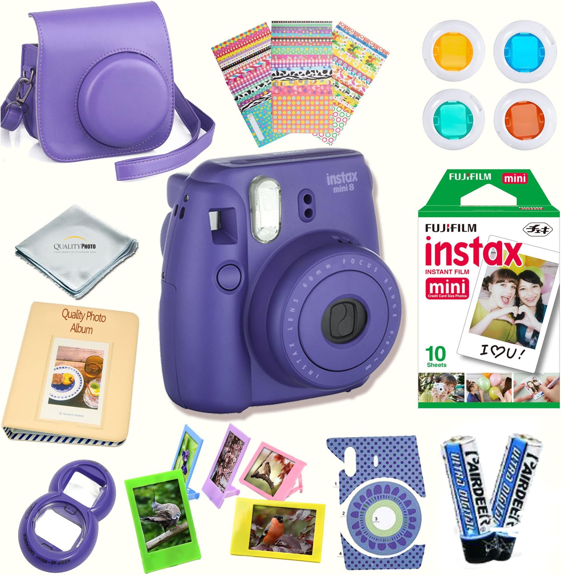 Fujifilm Instax Mini 8 Camera + Fuji INSTAX Instant Film (10 SHEETS) + 14 PC Instax Accessories kit Bundle, Includes; Instax Case + Album + Frames & Stickers + Lens Filters + MORE (Grape)