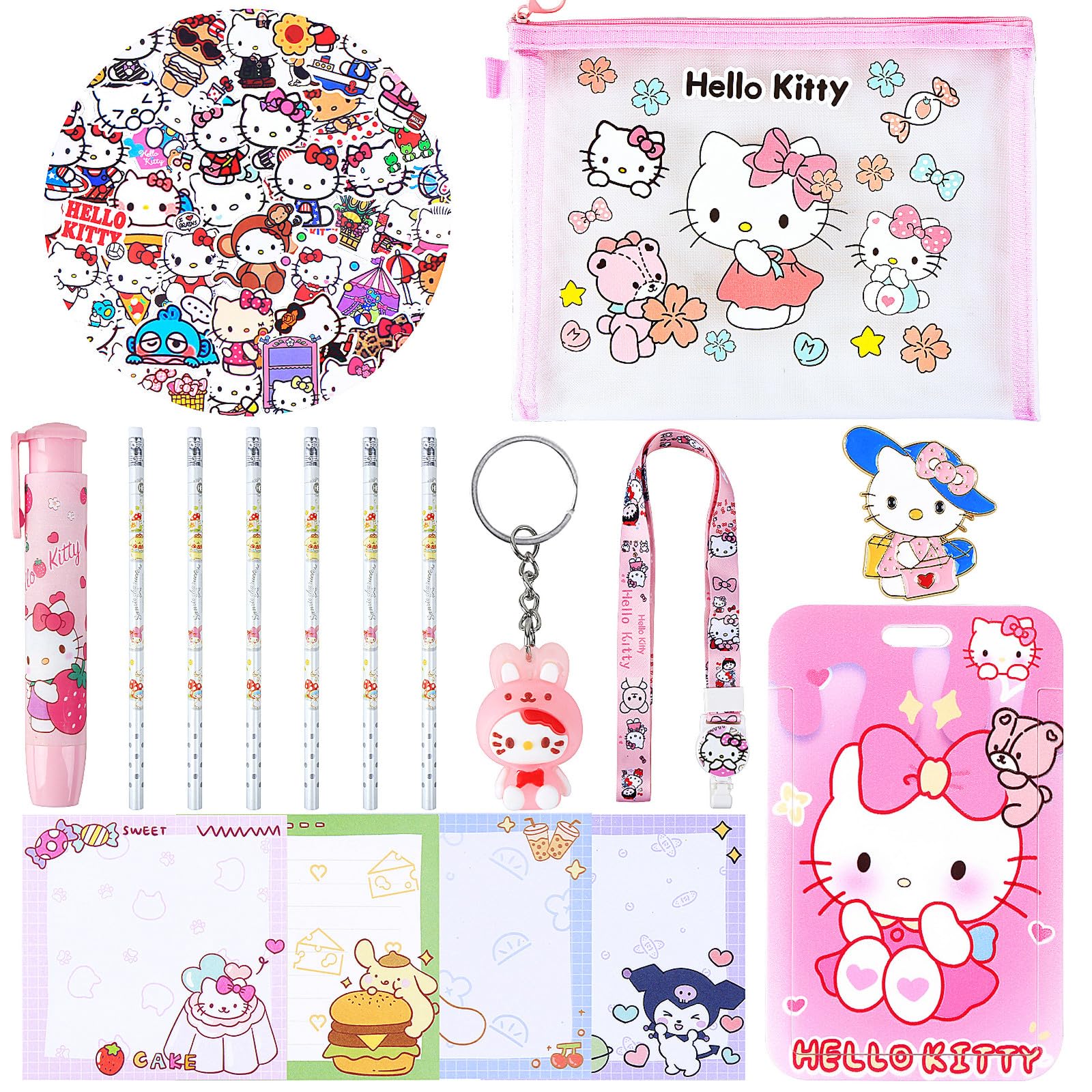 Cute School Supplies, Kawaii Stationary Set, Including Hello Kitty Stickers, Pencils, Pen-Style Eraser, Sticky Note, Lanyard with ID Badge, Back to School Gift for Girls Boys Kids