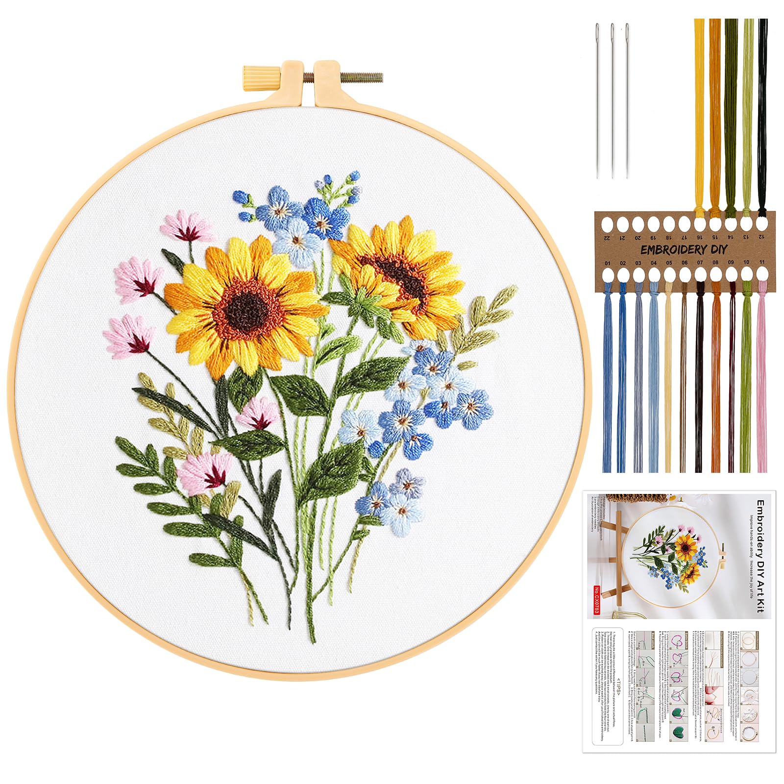 JSRQT Full Range Embroidery Starter Kit, Embroidery Kit for Beginner Adults, Stamped Design Cross Stitch Kit with Flower Pattern, DIY Art Craft Hand Sewing Embroidery Kit including Needles and Threads