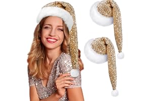 Glitopper 2 Pcs Sequin Santa Hat Christmas Hats with Shiny Sequin and Pompom for Adult Women Men Xmas New Year Party