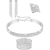 Hicarer 3 Pieces Women Rhinestone Jewelry Set Rhinestone Choker Bracelet Bangle Crystal Necklace Ring Earrings for Wedding