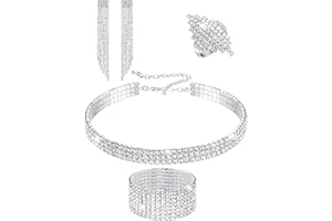 Hicarer Women Rhinestone Stretch Bracelet Bangle Crystal Rhinestone Necklace Ring Dangle Fringe Earrings