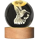 AOFEGRLT 3D Laser Engraved Bird Crystal Ball with LED Stand, 60mm Hummingbird Figurine Lamp Night Light, Glass Hummingbird Globe Paperweight Gift
