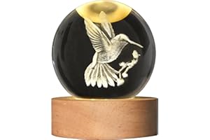 AOFEGRLT 3D Laser Engraved Bird Crystal Ball with LED Stand, 60mm Hummingbird Figurine Lamp Night Light, Glass Hummingbird Globe Paperweight Gift