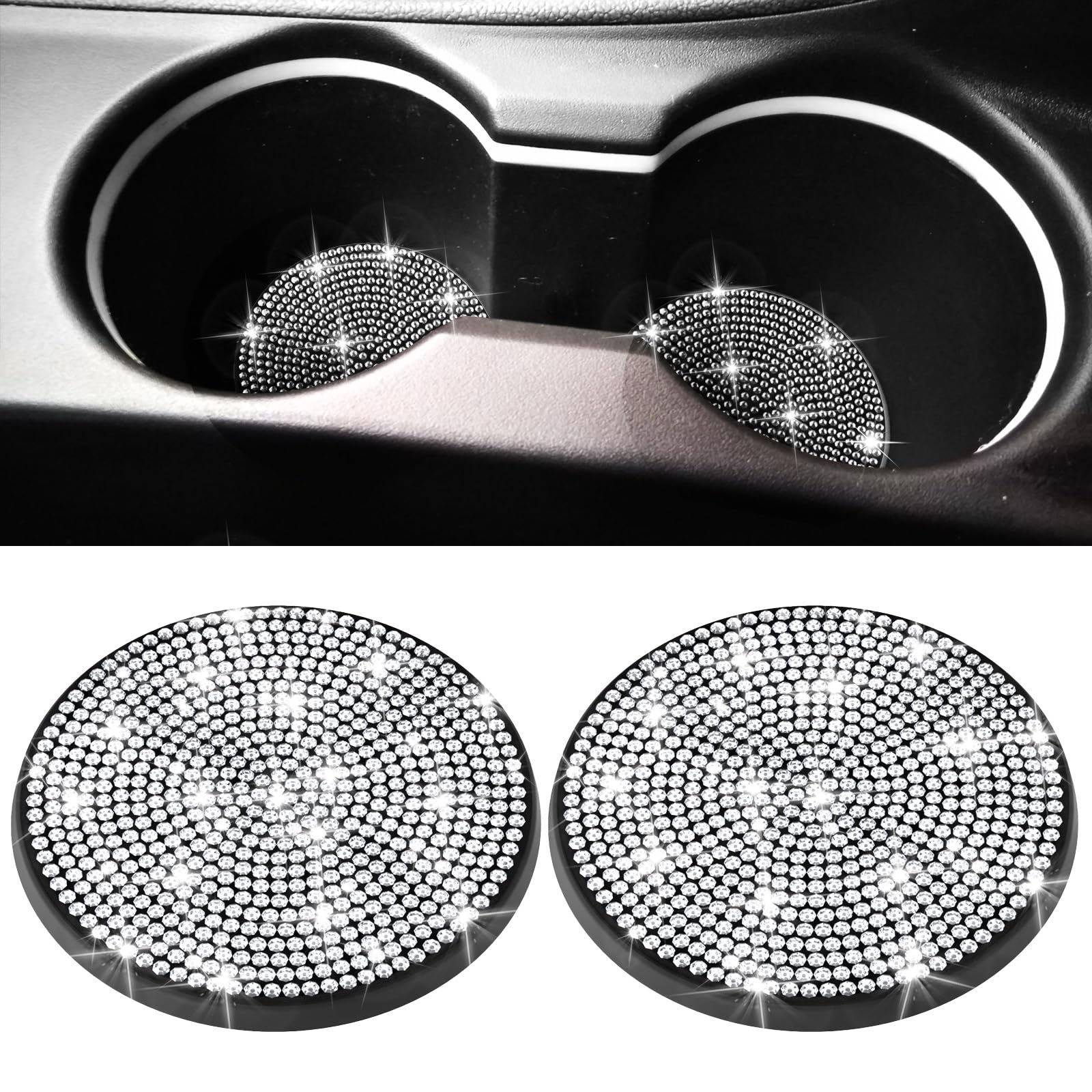 Photo 1 of BFXM 2 PCS Bling Cup Holder Coaster, 2.75 inch Diamond Universal Non-Slip Silicone Cup Holder Coasters, Sparkly Bling Car Accessories for Women (White)
