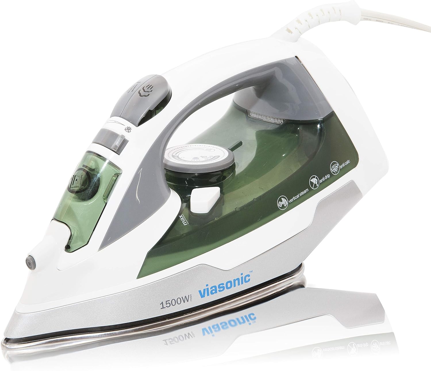 Viasonic Signature 1500W Steam Iron - Anti-Drip & Self-Cleaning, Anti-Calcium, Vertical Steam - Stainless Steel Soleplate - XL 300ML Tank - Steam, Spray, or Dry - ETL Listed