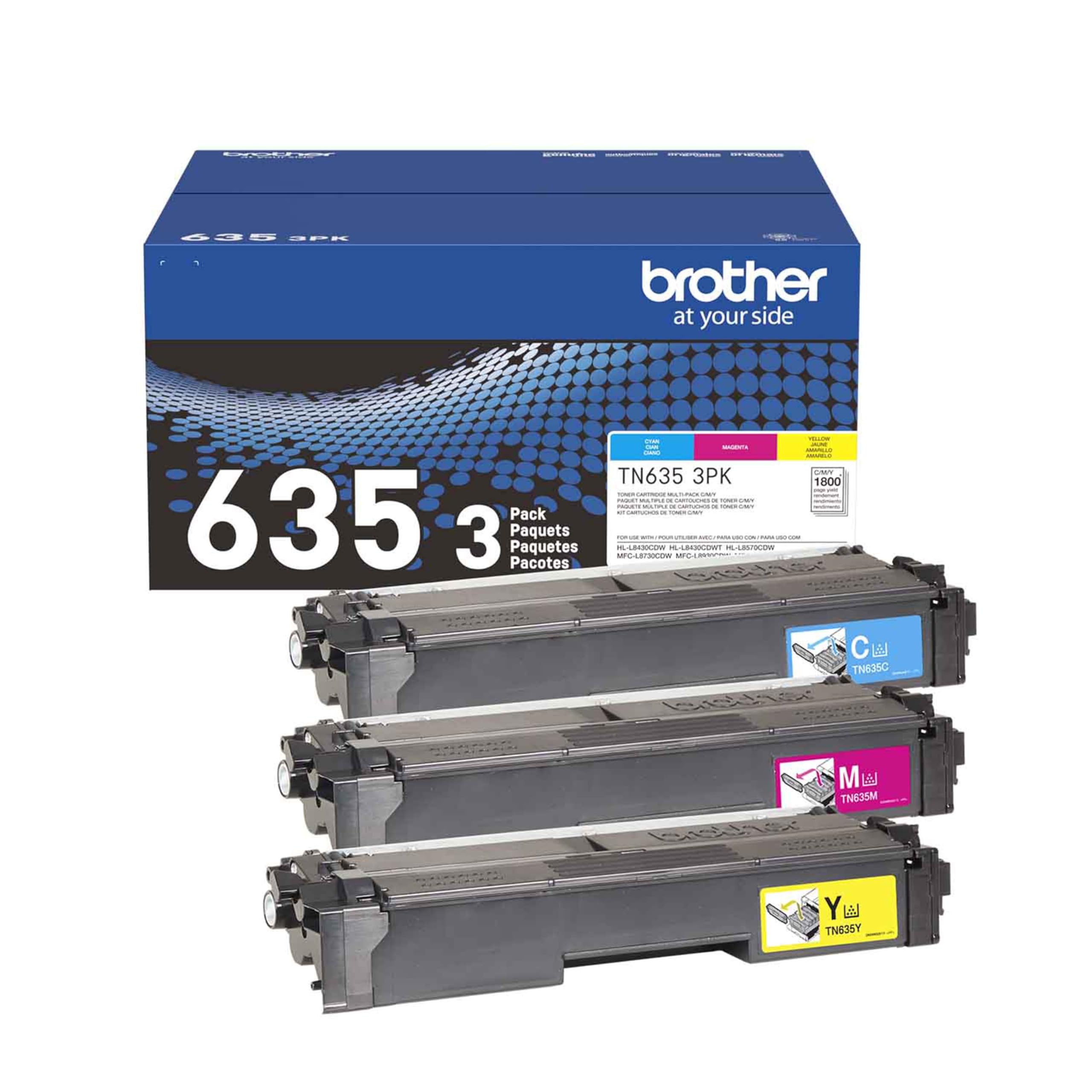 Brother Genuine TN635C, TN635M, TN635Y Standard Yield Cyan/Magenta/Yellow Toner Cartridges, TN635 3 Pack