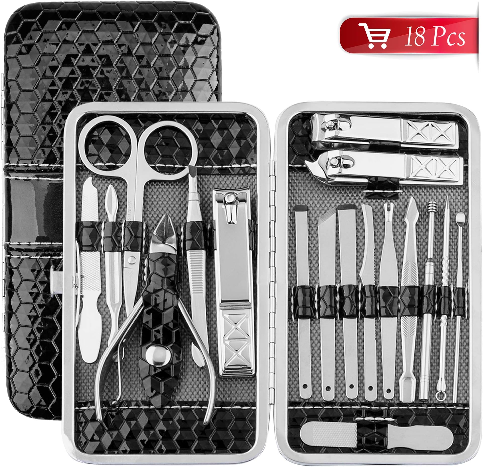 Nail Clipper Manicure Set, Omew 18pcs Professional Nail Clipper Set Stainless Steel Nail Care Pedicure Tool Kit with Portable Travel Case for Men Women-Black
