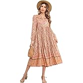 R.Vivimos Women's Long Sleeve Boho Floral Print Dress Crew Neck Button Down Casual Loose Slit Flowy Midi Dress with Belt