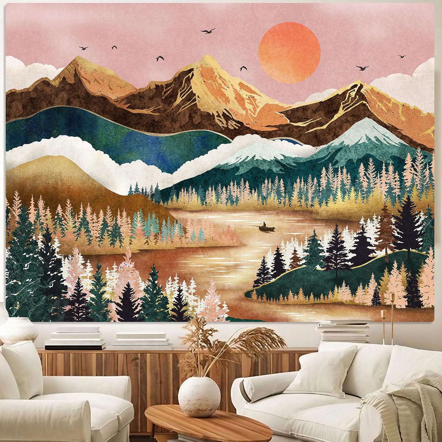 Tapestries - Zussun Mountain Tapestry Nature Forest Tree Tapestries for Bedroom Aesthetic Sunset Tapastry's Wall Hanging Orange and Green Landscape Wall Tapestry for Living Room Dorm (Orange, 48'' × 36'')