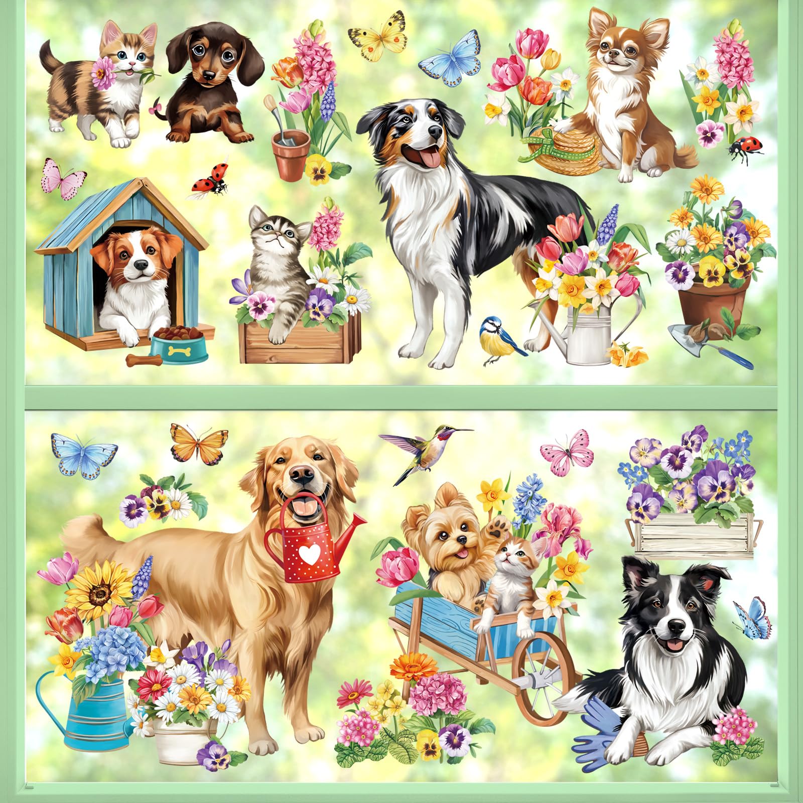 decalmile Spring Dog Cat Double Sided Window Clings Golden Retriever Puppy Kitty Garden Flower Window Decals Anti-Collision Glass Window Doors Window Stickers