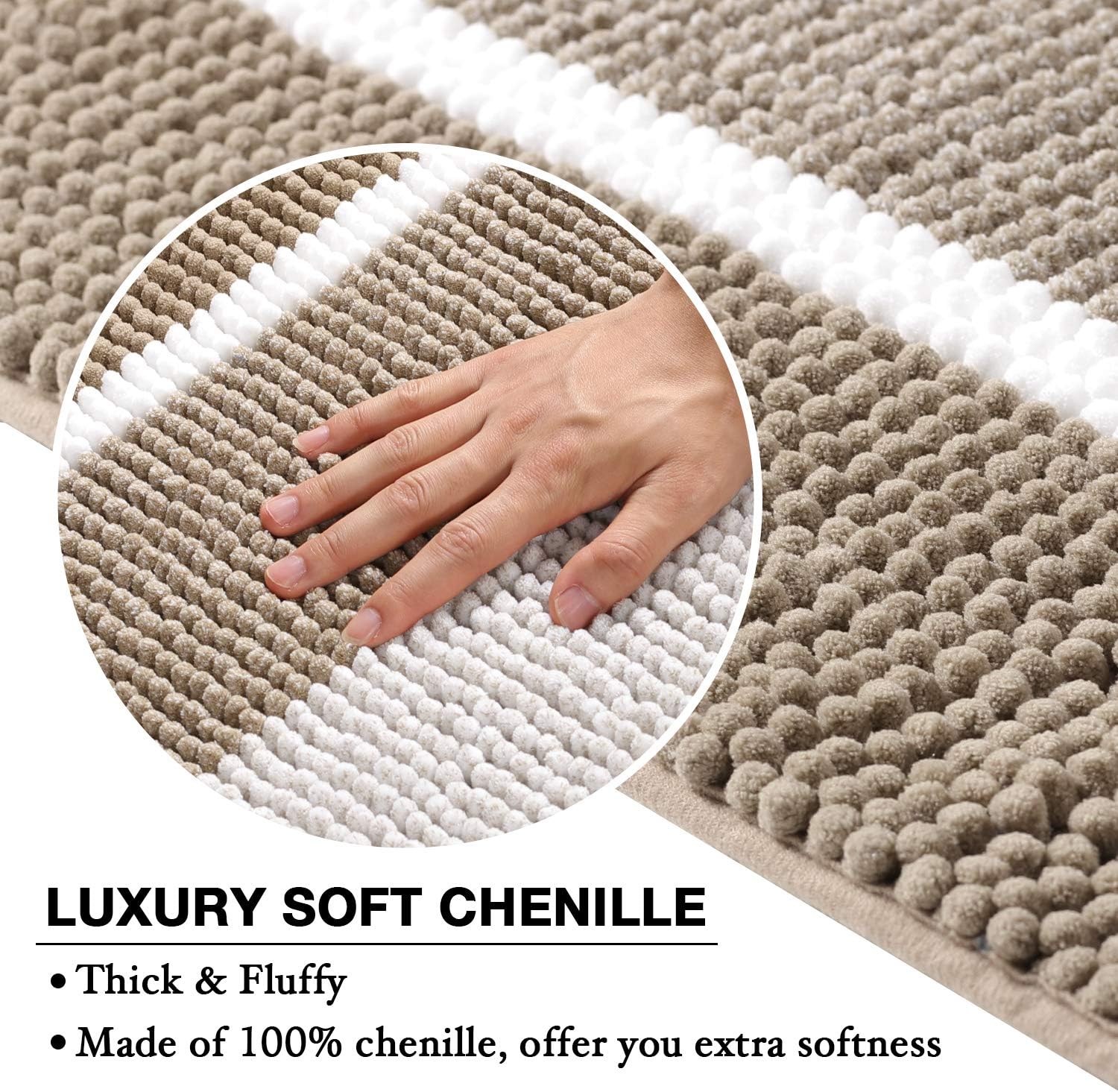 Super Absorbent Tufted Chenille Rug with Non Slip Backing, Gradient Taupe Stripe Pattern Microfiber Bath Rug, Machine Washable Thick Bathroom Floor Mat for Tub Shower, (20×32 inch, Taupe): Home & Kitchen