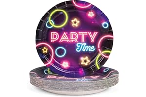 DECORLIFE Neon Party Plates for 30 Guests, 9 Inch Glow Party Supplies for Glow Party Decorations