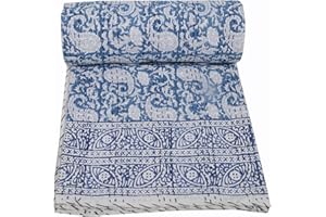 YUVANCRAFTS Indian Block Print Kantha Quilt Queen Size Kantha Throw Kantha Bedspread Blanket Cotton Bed Cover Vintage Quilt Boho Kantha Quilts Queen Size Quilt Blanket (Twin 90 X 60 Inch, Blue)