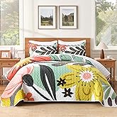 Andency Floral Boho Queen Quilt Bedding Set Green, 3 Pieces Farmhouse Flower Botanical Summer Bedspreads with 2 Shams, Soft Reversible Lightweight Microfiber Coverlet Set for All Season, 90"x96"