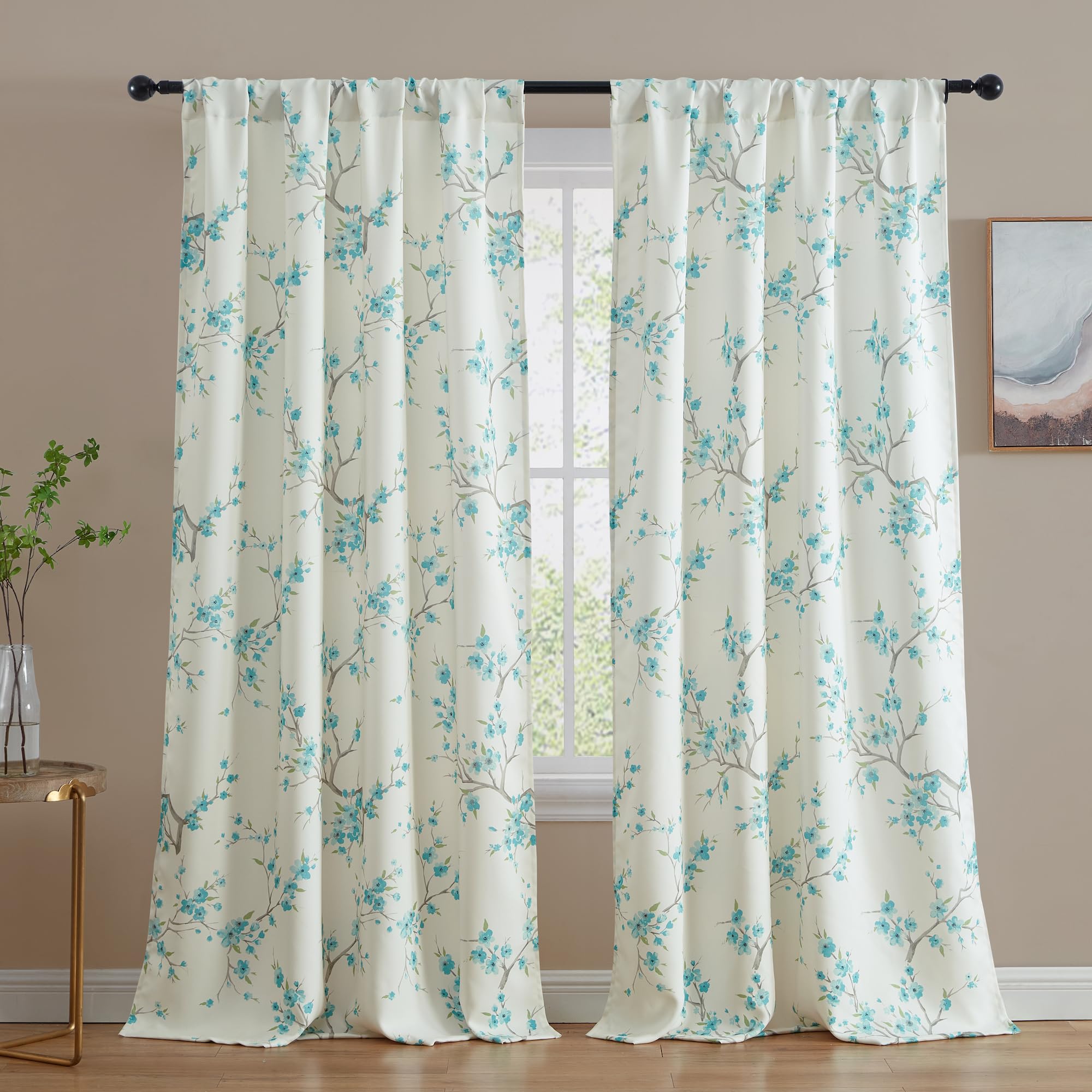 HLC.ME Jasmine Floral Patterned Window Rod Pocket Curtains for Living Room - Light Blocking Darkening Window Panels, Set of 2 (Teal Blue, 52 W x 96 L) Image