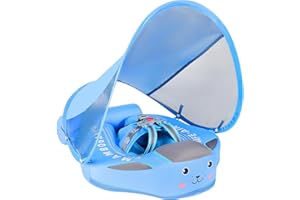 VQ-ANT Mambobaby Non-Inflatable Baby Pool Float with Tail and Canopy UPF 50+ Sun Protection No Flip Over Infant Swim Float Skin-Friendly Mambo Float Swim Trainer Solid Baby Swimming Ring Aged 3-24 Months