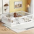 Full Size Floor Bed Frame with Door and Slats,Montessori Floor Bed with Safety Guardrails for Girls Boys,Solid Wood Kids Montessori Bed Full Size,White