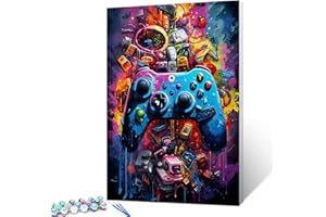 Aihonmin Gamepad Number Painting DIY Craft Kits Vibrant Game Controller Paint by Numbers Kits with Brushes and Acrylic Pigment Graffiti Style Home Decoration for Teenage Gamer 16x20Inch (Frameless)