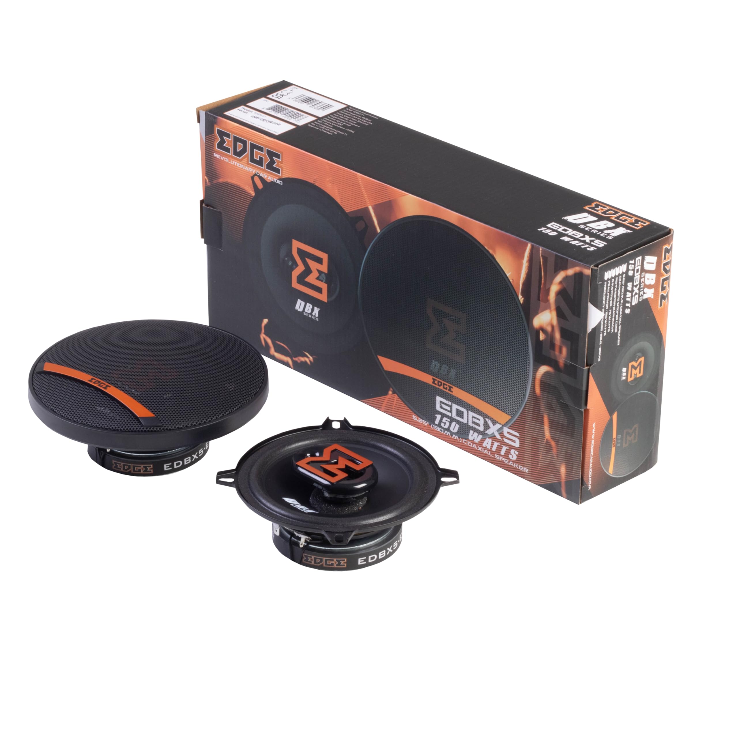 EDGE EDBX5 5.25” inch (13cm) 3 way Coaxial speaker - 75/150 W, Black and Orange. Includes Grilles, Sold in Pairs