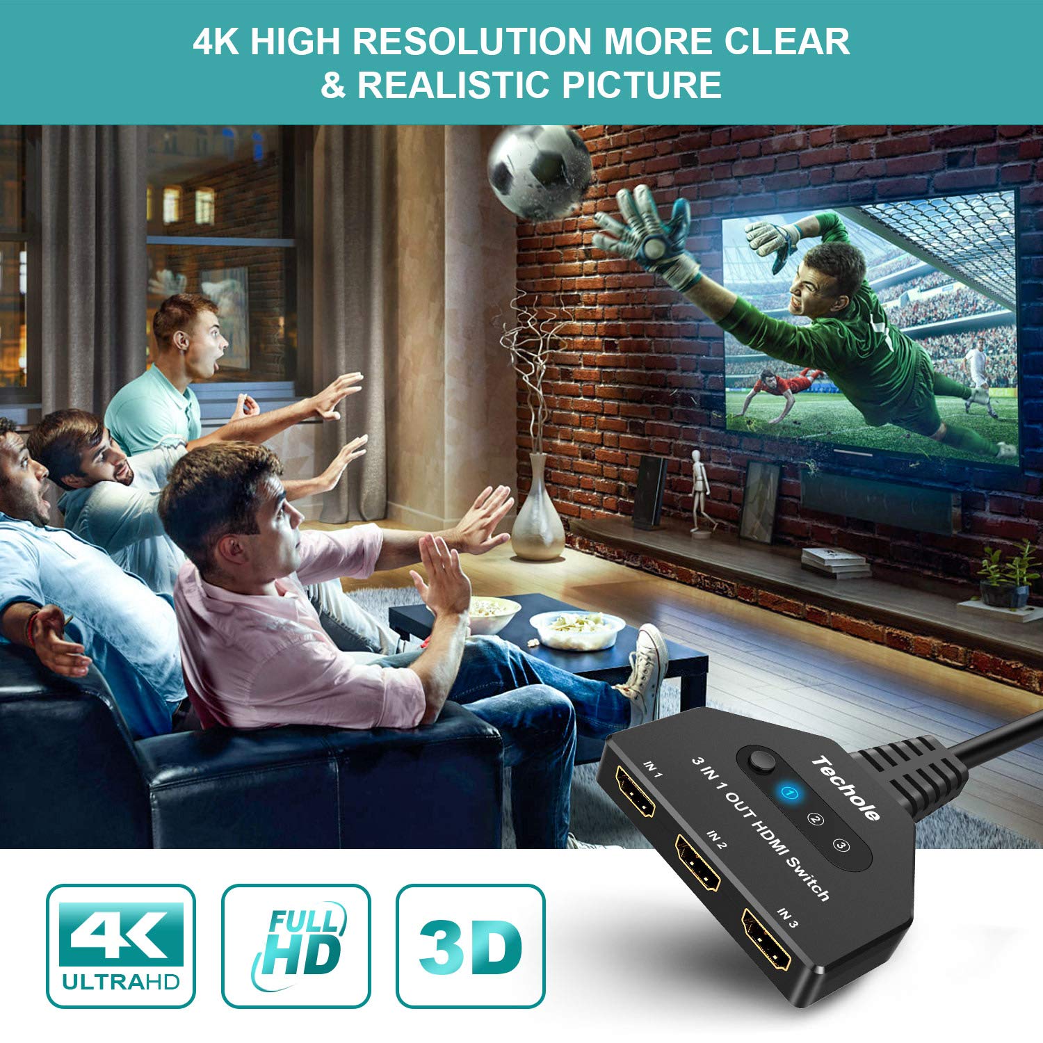 HDMI Switch 4K - Techole HDMI Switcher 3 in 1 Out HDMI Splitter, or 3 x 1, USB External Power Supported, Supports 4K 3D HD 1080P for Xbox PS4 Roku Blu-Ray Player HDTV (HDMI Switch): Industrial & Scientific