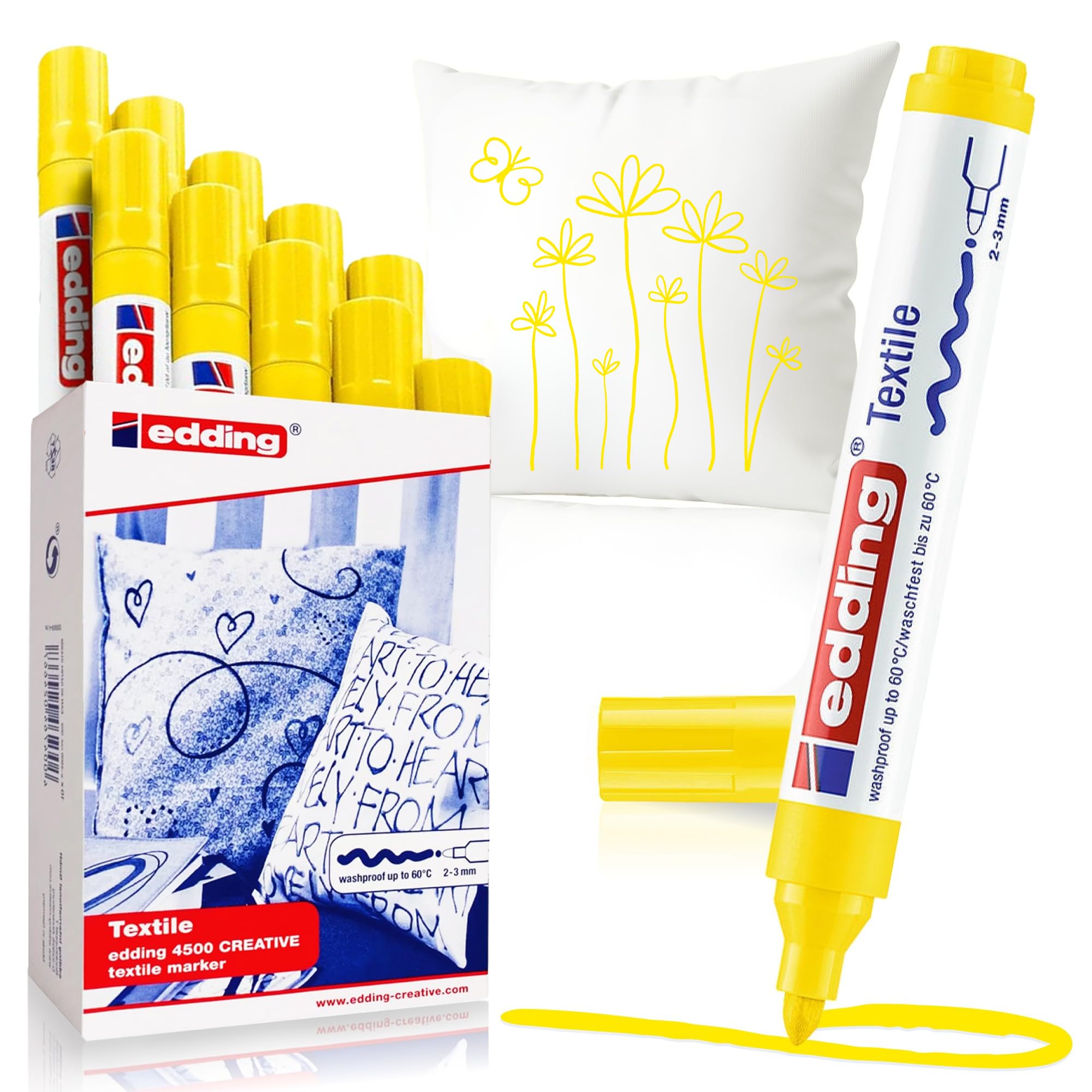 edding 4500 textile marker - yellow - box of 10 - round nib 2-3 mm - permanent fabric markers for drawing on textiles, wash-resistant up to 60 °C - marker pens for fabric lettering