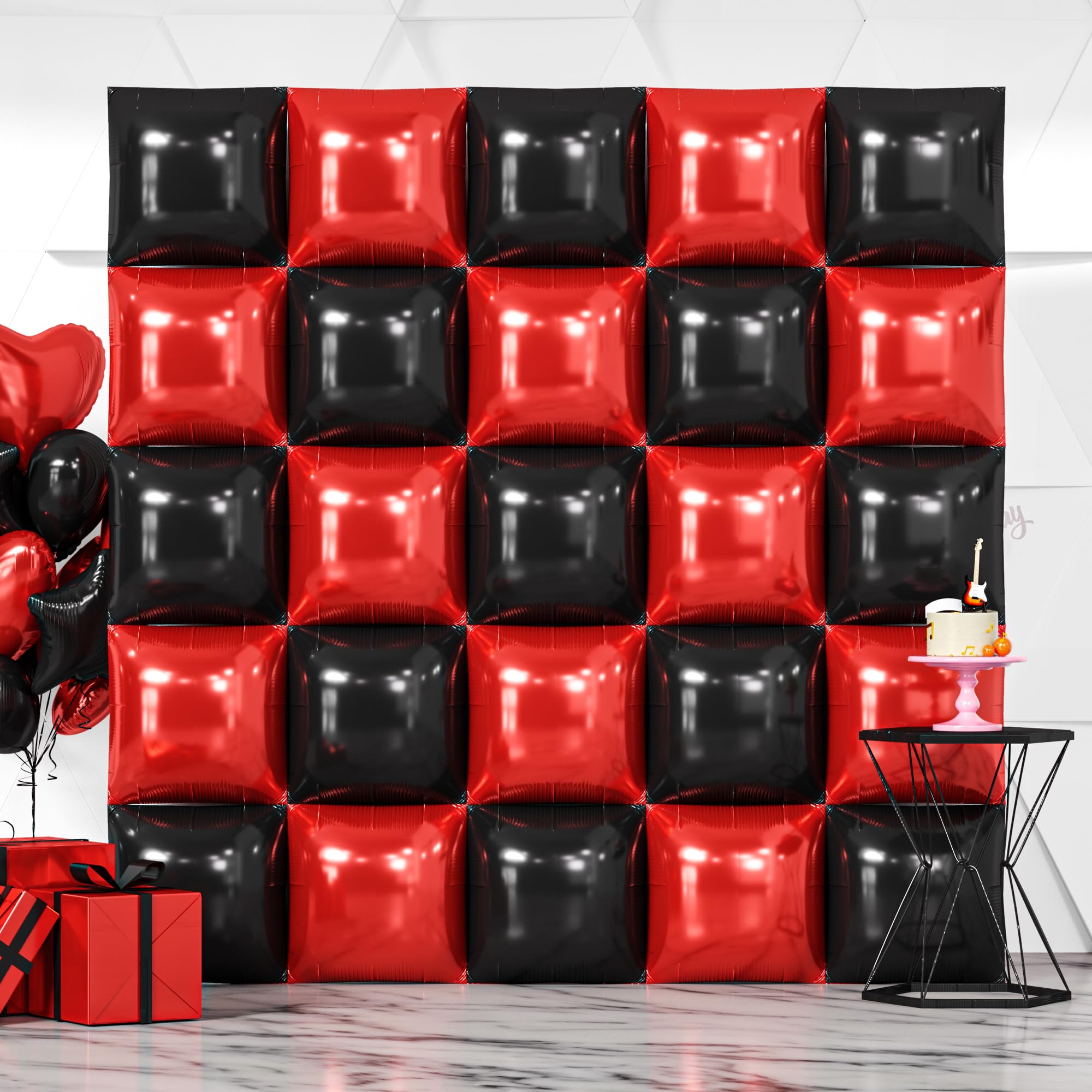Photo 1 of NISOCY 25PCS Red Black Square Foil Balloons Wall Backdrop Double Sided Red Black Balloons Arch Kit for Birthday Valentine's Day Halloween Graduation Wedding Anniversary Party Decorations