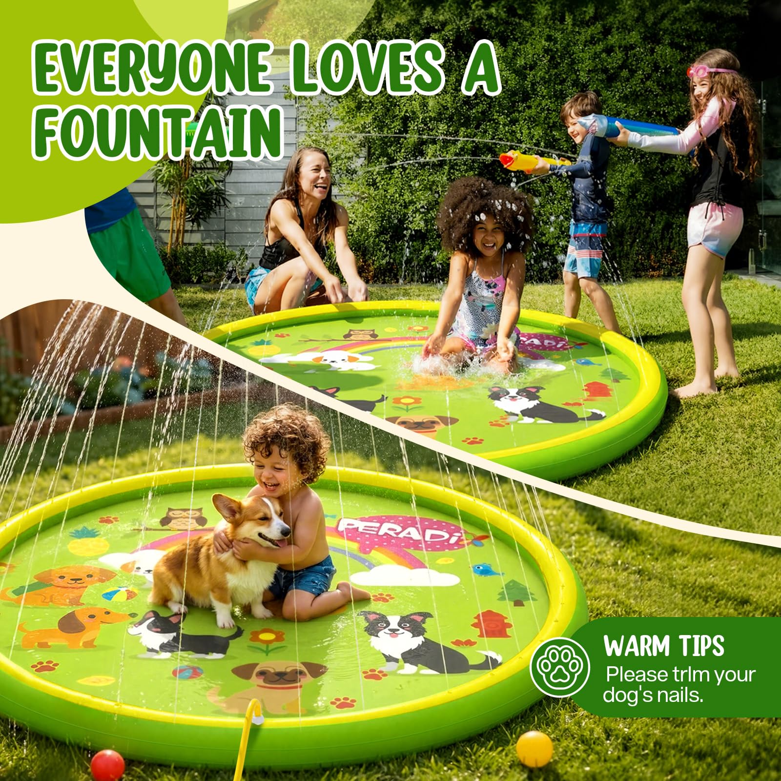 Peradix Splash Pad,Sprinkler Wasser-Spielmatte Anti-Rutsch Splash Play Matte Sommer Outdoor Garten Kinder Spielzeug Sprinklerpool für Baby Party Outdoor 5