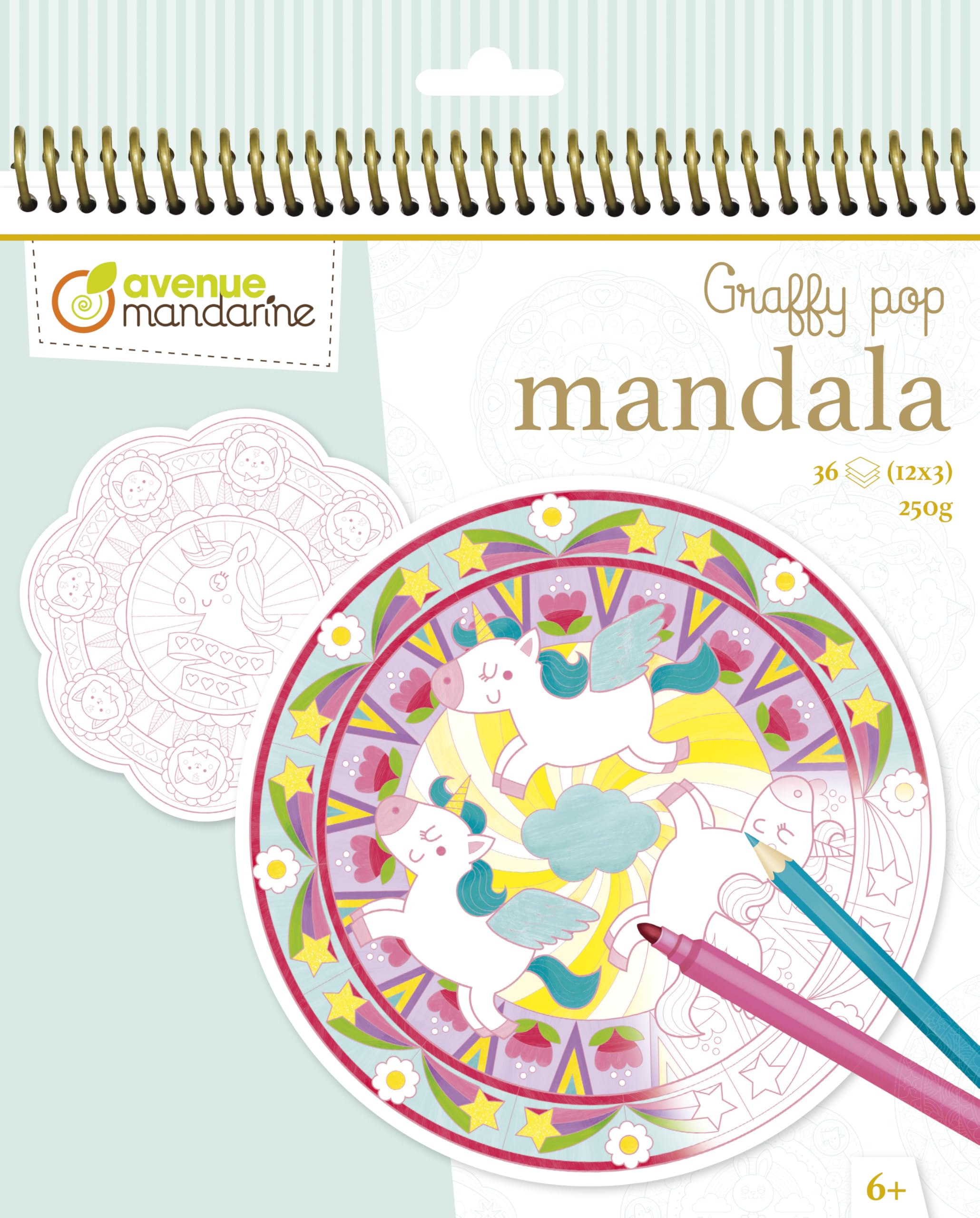 Avenue Mandarine - Ref GY071C - Graffy Pop Mandala Colouring Book - Magical Designs - Easy-to-Detach Pre-Cut Shapes, 250gsm Drawing Paper, 36 Sheets, 12 Designs, Suitable for Ages 6+