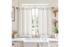 HOMEIDEAS Striped Linen Kitchen Curtains 36 inches, Boho Farmhouse Light Filtering Natural Tier Curtains Sets, Small Window T
