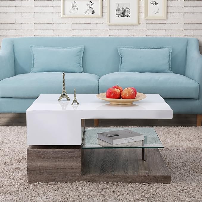 Mecor Swivel Coffee Table Design Coffee Table With Glass Living Room Furniture Walnut Amazon Co Uk Kitchen Home