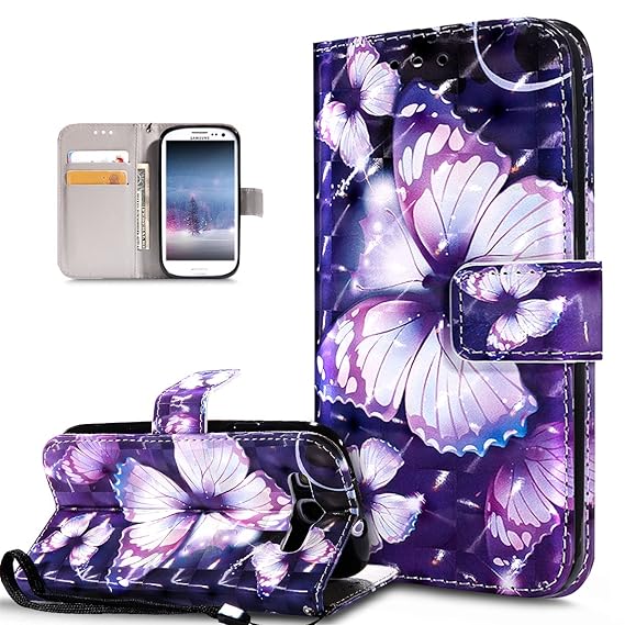 Kompatibel mit Galaxy S3 Hülle,Galaxy S3 Neo Hülle,3D Bunte Gemalte Schmetterlings PU Lederhülle Flip Ständer Wallet Handy Hü